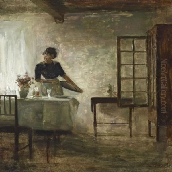 The Table Is Being Set Oil Painting by Carl Vilhelm Holsoe