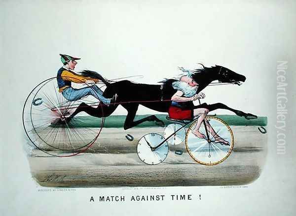 A Match Against Time, race between a horse and father Time on a bicycle, 1878 Oil Painting by Thomas Worth