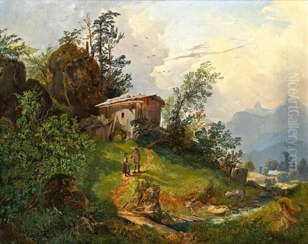 Gebirgslandschaft Mit Wanderern Oil Painting by Joseph Holzer