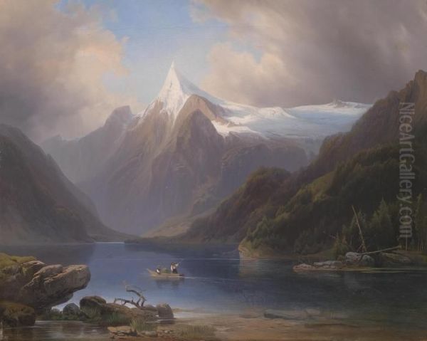 Mountain Lake With View Of Snow-covered Mountains Oil Painting by Joseph Holzer