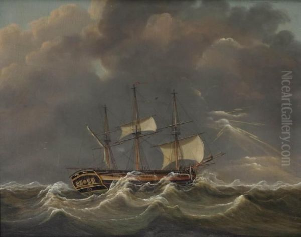 The Three-master Aurora Sailing In A Thunderstorm Oil Painting by Engel Hoogerheyden