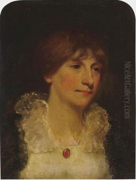 Portrait Of A Lady, Bust-length, In A White Chemise With A Black Coat Oil Painting by John Hoppner