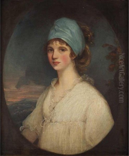 Portrait Of A Lady In A Blue Turban Oil Painting by John Hoppner