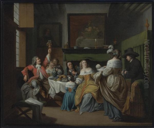 A Domestic Scene In An Interior With Figures Eating And Drinking Around A Table Oil Painting by Jan Jozef, the Younger Horemans