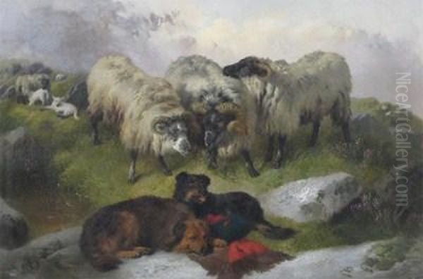 Sheep And Dogs In A Highland Landscape Oil Painting by George W. Horlor