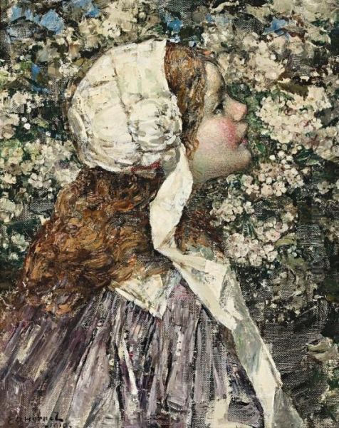 Girl In Spring Blossoms Oil Painting by Edward Atkinson Hornel