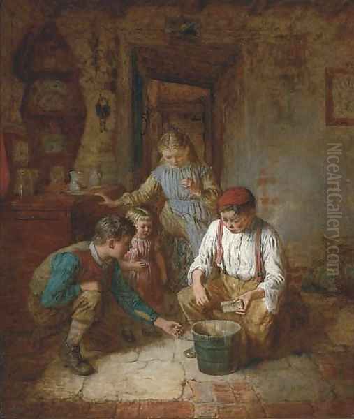 Children in a cottage interior Oil Painting by Robert W. Wright