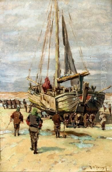 Vissers Bij Bomschuit Op Het Strand Oil Painting by Hendrik Horrix