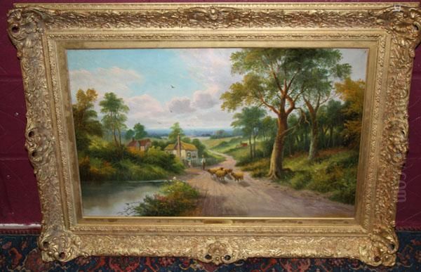 Figures And Sheep In Rural Landscape Oil Painting by Etty Horton