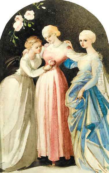 Three ladies in a rose bower Oil Painting by Louisa Anne, Marchioness of Waterford