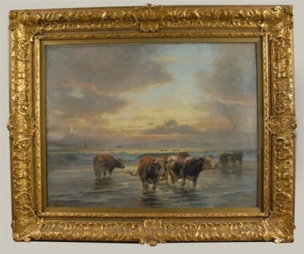 Cows Wading In The Sea At Sunset Oil Painting by William Henry Howe