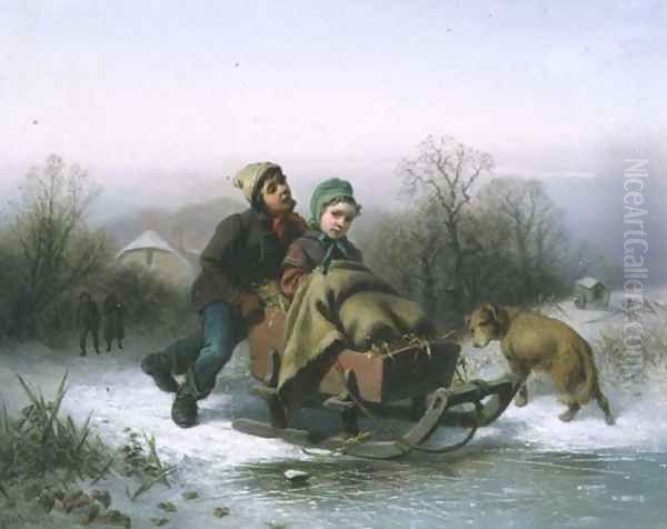 A Boy Pushing a Young Girl in a Sledge Oil Painting by Jan Walraven