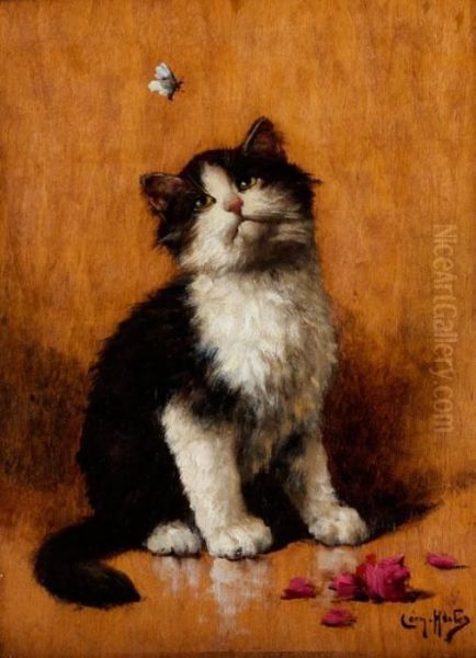 Katzchen Mit Schmetterling Oil Painting by Leon Charles Huber