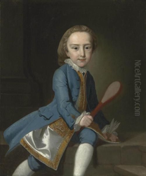 Portrait Of A Child, 
Three-quarter-length, With A Badminton Racquet And Shuttlecock, A Column
 Beyond Oil Painting by Thomas Hudson