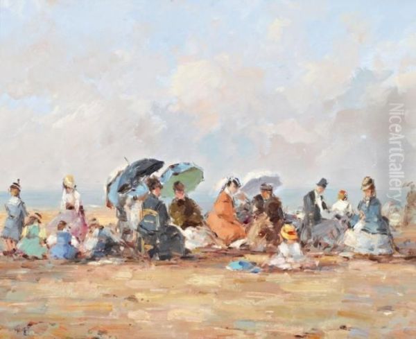 Elegantes A La Plage Oil Painting by Jean-Baptiste Huet I