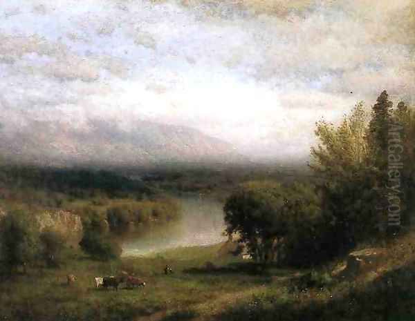 Farmhouse in a River Valley Oil Painting by Alexander Helwig Wyant