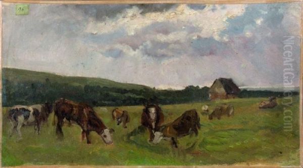 Vaches Au Pre Oil Painting by Paul Huet