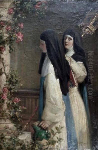 Two Nuns In A Cloister Oil Painting by Talbot Hughes