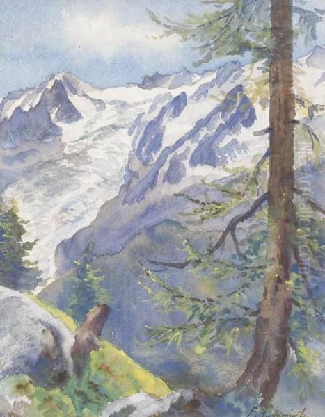 Sommerliche Alp Mit Gletscherpartie Oil Painting by Fritz Edouard Huguenin-Lassauguette