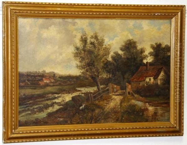 A Riverside Cottage Oil Painting by Abraham Hulk