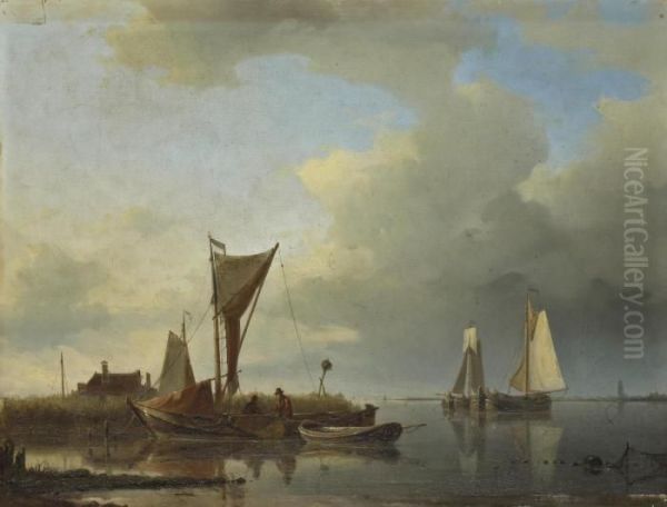 Fishing Boats On A Quiet Estuary Oil Painting by Abraham Hulk Jun.