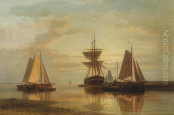 Moored Fishing Boats And A Clipper At Sunset Oil Painting by Abraham Hulk Jun.