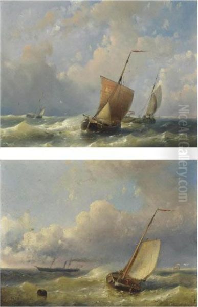 Dutch Fishing Barges In An Offshore Swell Oil Painting by Abraham Hulk Jun.