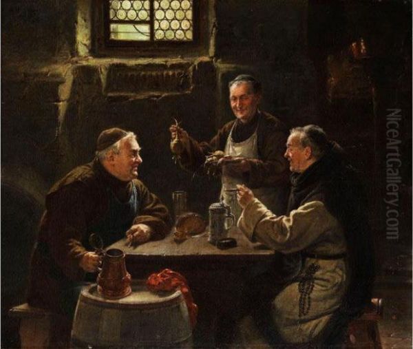 Drei Monche Bei Der Vesper-mahlzeit Oil Painting by Adolf Humborg