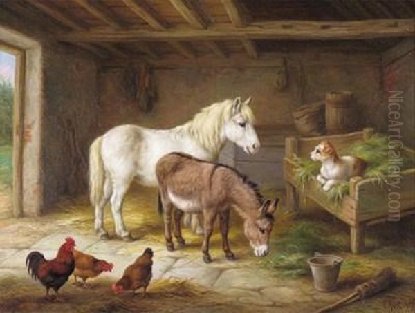 Farm Animals In A Stable Oil Painting by Edgar Hunt