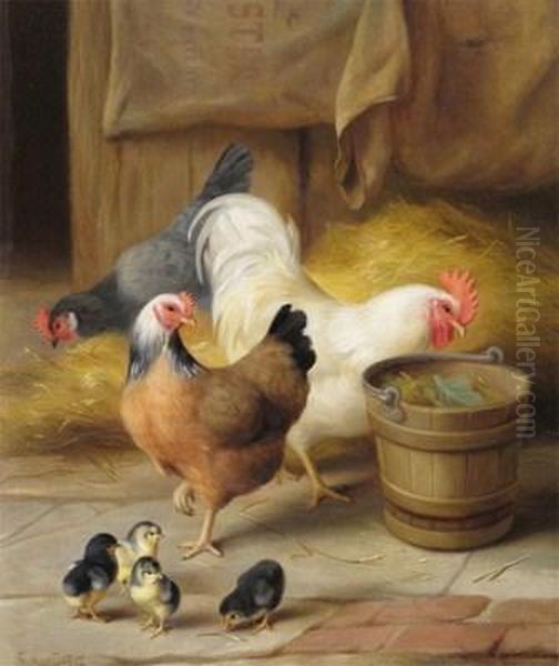 Chickens And Chicks In A Barn Oil Painting by Edgar Hunt