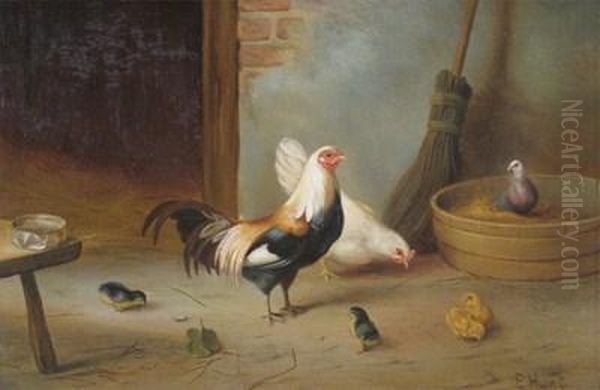 A Rooster, Hen And Chicks In A Barn Oil Painting by Edgar Hunt