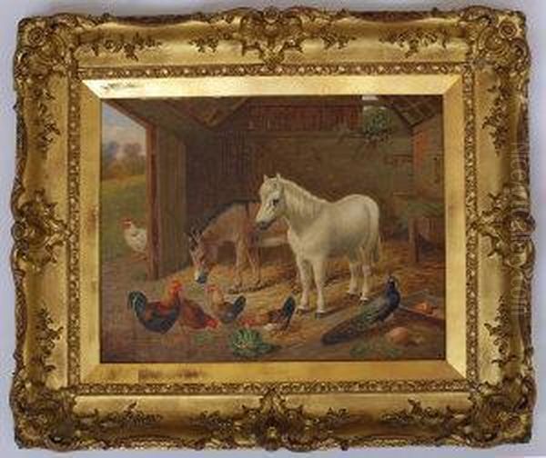 Two Ponies, Chickens And A Peacock In A Stable Oil Painting by Edgar Hunt