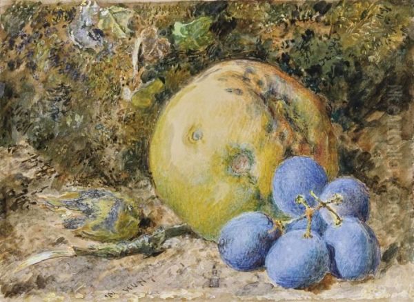 An Apple, Grapes And A Hazelnut On A Mossy Bank Oil Painting by William Henry Hunt