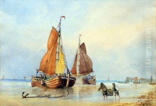 Fishing Boats And Fisherfolk At Yarmouth Oil Painting by William Howes Hunt