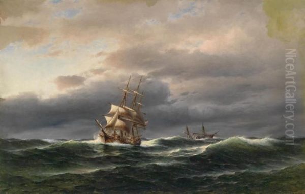 Ships In A Storm Oil Painting by Franz Johann (Wilhelm) Hunten