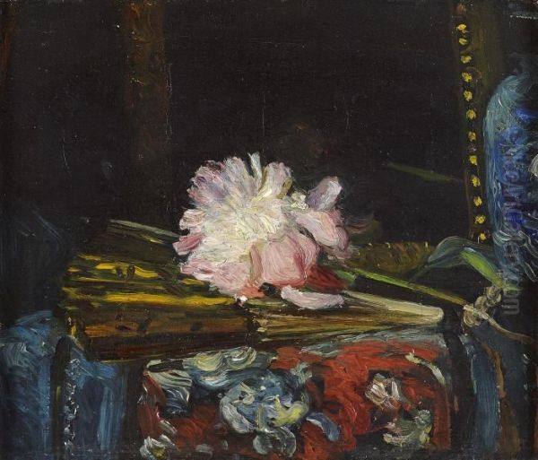 Peonies And Fan Oil Painting by George Leslie Hunter