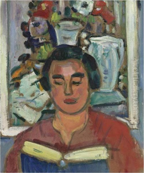 Painting & Book (portrait Of Miss Jean Mccaig) Oil Painting by George Leslie Hunter