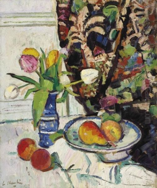 Still Life With Tulips And Fruit Oil Painting by George Leslie Hunter