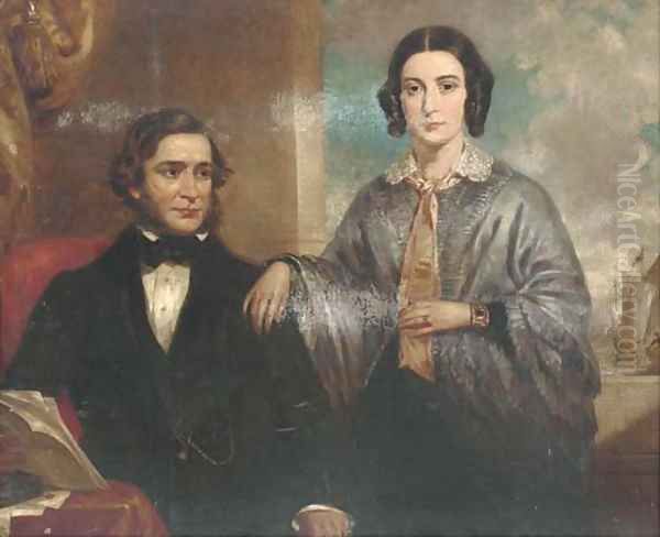 Portrait of a lady and a gentleman, three-quarter-length, the lady in a blue dress, the gentleman in a black coat, seated at a desk holding letters Oil Painting by John Wood