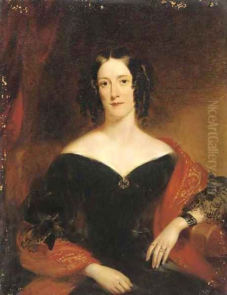 Portrait of Marie Louise McMullin, nee Lenferna de Laresta, seated three-quarter-length, in a black dress and red shawl Oil Painting by John Wood