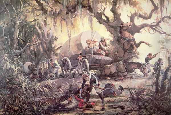 Seminole indians ambush a US marines supply wagon, 11th September 1812 Oil Painting by C.H. Waterhouse