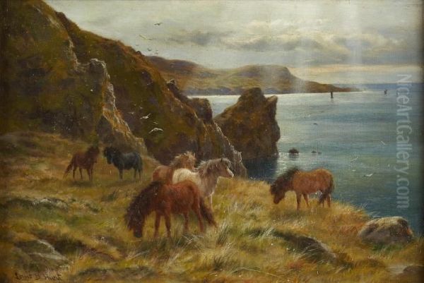 Shetland Ponies On Bressay Sound Oil Painting by Louis Bosworth Hurt