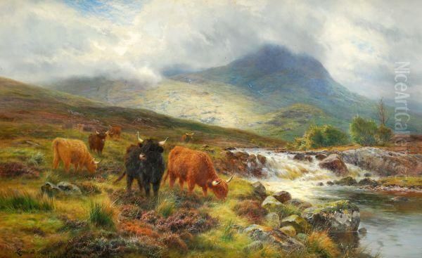 Cattle In A Highland Landscape Oil Painting by Louis Bosworth Hurt