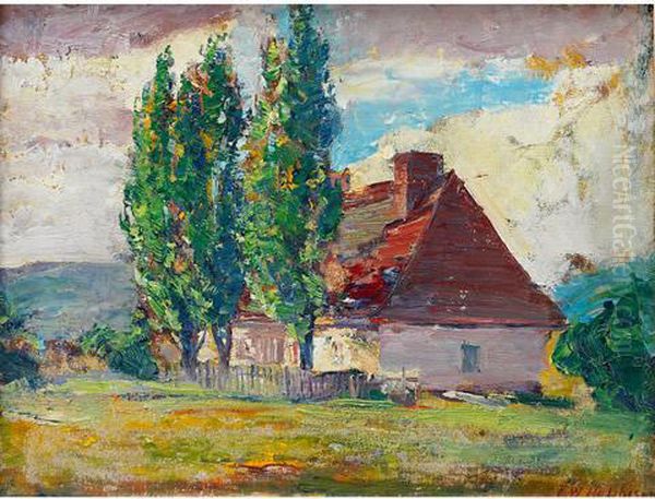 Old House And Poplars by Frederick William Hutchison