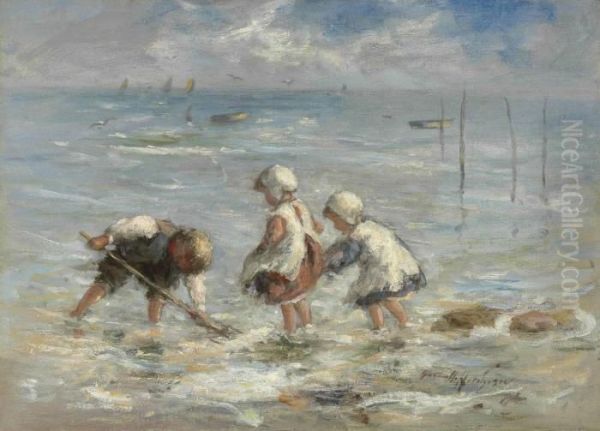 Children At The Water's Edge Oil Painting by Robert Gemmell Hutchison