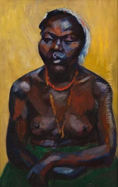 Sitzende Afrikanerin Vor Gelbem Hintergrund Oil Painting by Julius Huther