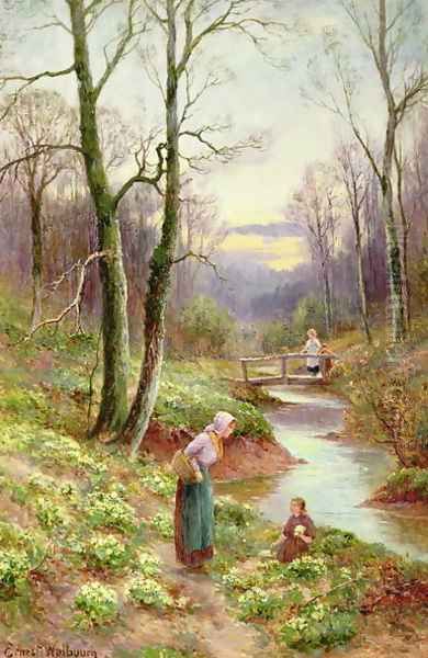 Picking primroses by the stream Oil Painting by Ernst Walbourn