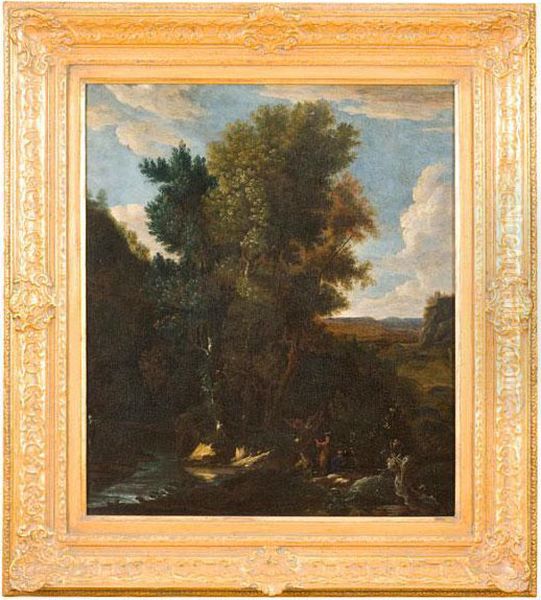 Paesaggio Alpino Con Ruscello E Cacciatori Oil Painting by Cornelis Huysmans