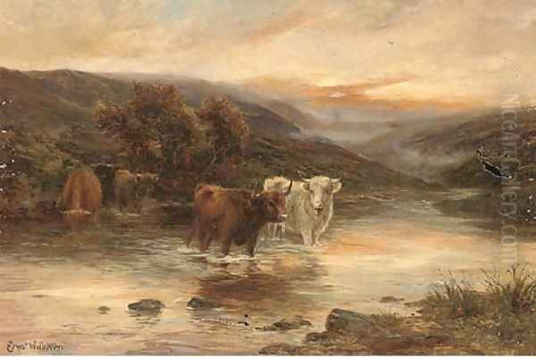 Highland cattle watering in a river landscape Oil Painting by Ernst Walbourn