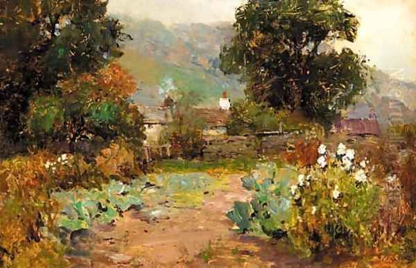 A country lane by a cottage on a summer's day Oil Painting by Ernst Walbourn